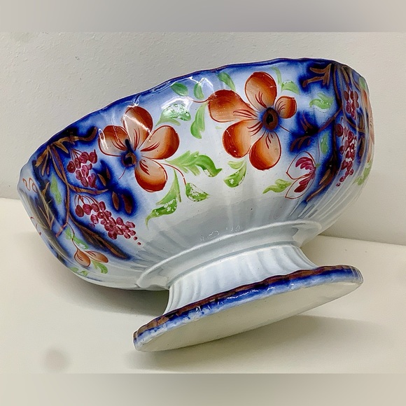 19th Century Vtg Gaudy Welsh Grape Pattern Flow Blue Lusterware Pedestal Bowl - Picture 8 of 16